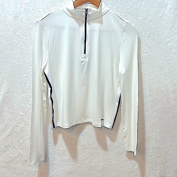 Tommy Jeans Women's Side-Striped Quarter-Zip Mock-Neck Top White/Blue Size M New - Picture 1 of 6